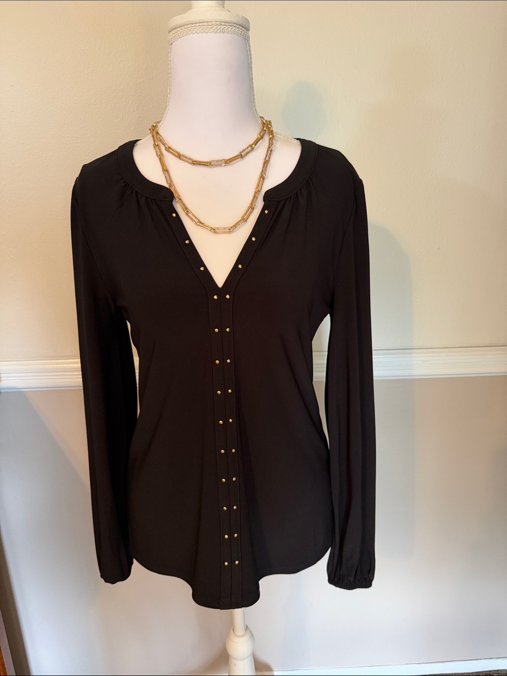 White House Black Market Black Long-Sleeve V-Neck Top with Gold Studs